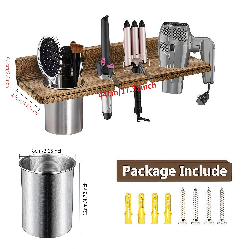 Wall Mounted Hair Tool Organizer ¨C Wooden Hair Dryer Holder & Storage Rack for Curling Iron, Straightener & Brushes, Rustic Bathroom Salon Shelf (Brown & Black)