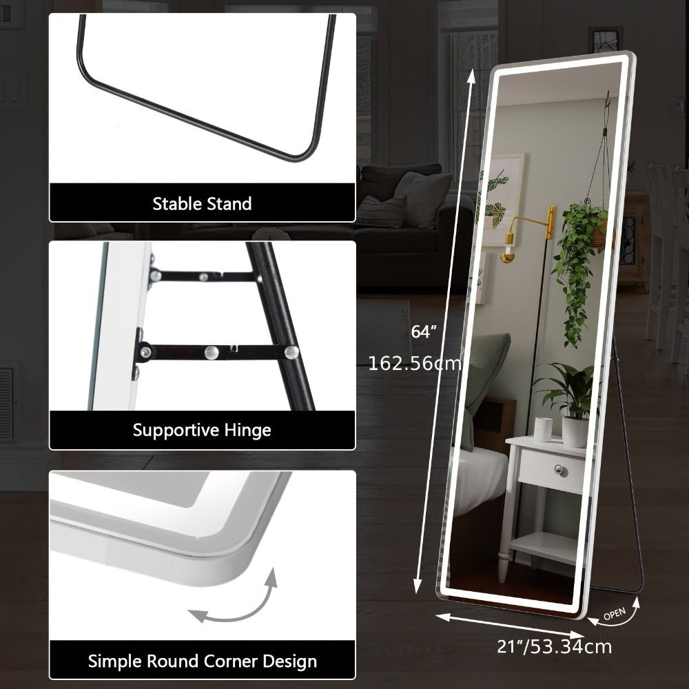 Full Length Mirror Floor Standing with LED Light - Arched & Rect Aluminum Frame Dressing Mirror for Bedroom Living Room, Black/Golden/White
