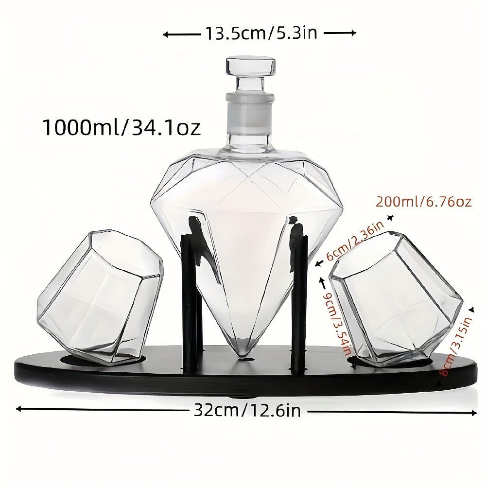Whiskey Decanter Set with 2 Diamond Glasses & Wooden Rack | Brick Stone Design ¨C Bourbon Rum Vodka Tequila Gift Set for Men Home Bar