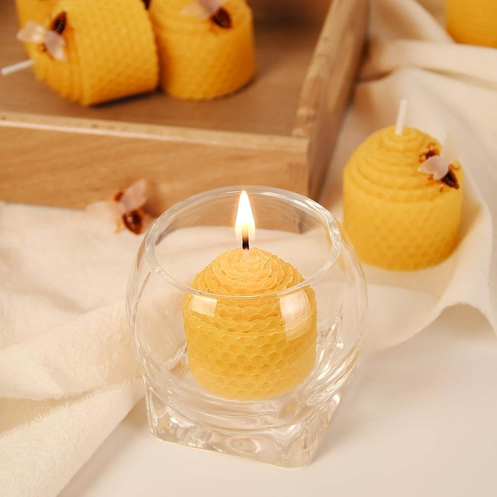 Beeswax Candles Set - Natural Pure Beeswax Votive Candles with Bee Decorations, Handcrafted from Beekeepers, Set of 6 or 12, Honey Scented Candle Gift for Home Decor, Weddings, Holidays & Gifting