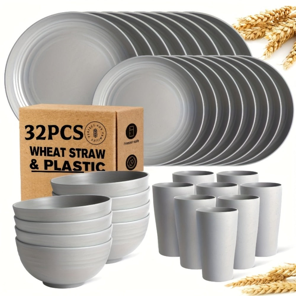 Wheat Straw Dinnerware Set 16 or 32 Piece ¨C Plates & Bowls for 4 or 8 People, Microwave & Dishwasher Safe Plastic Dish Set, Lightweight Colorful Tableware for Home, Party & Holiday