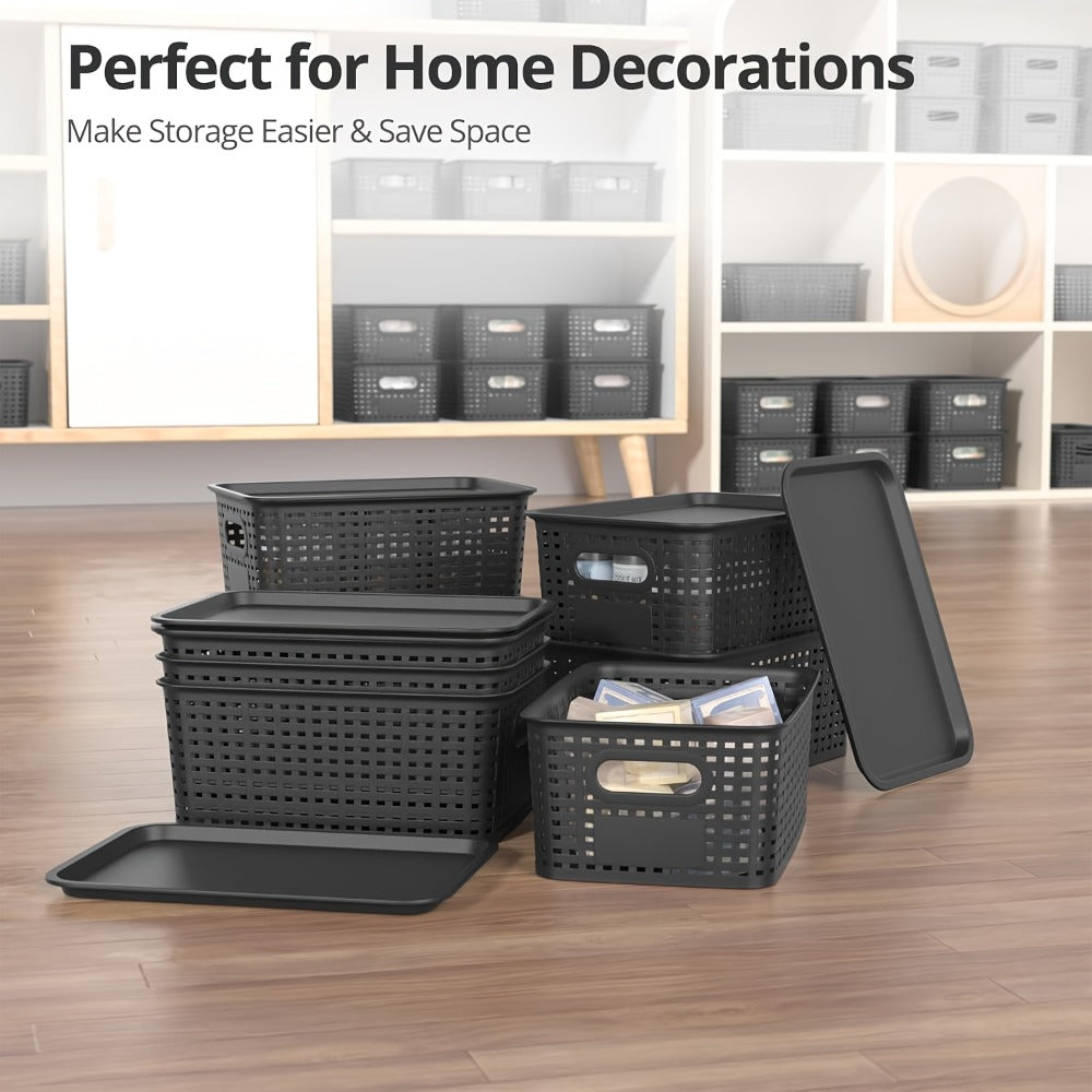 Storage Organizer Bins with Lids 4/8 Pack | Space-Saving Stackable Boxes 10¡±x7¡±x4¡± for Shelves, Closet & Desk - Declutter Bins for Dorm, Playroom & Office with File Organizer Bag, White Black Gray Red