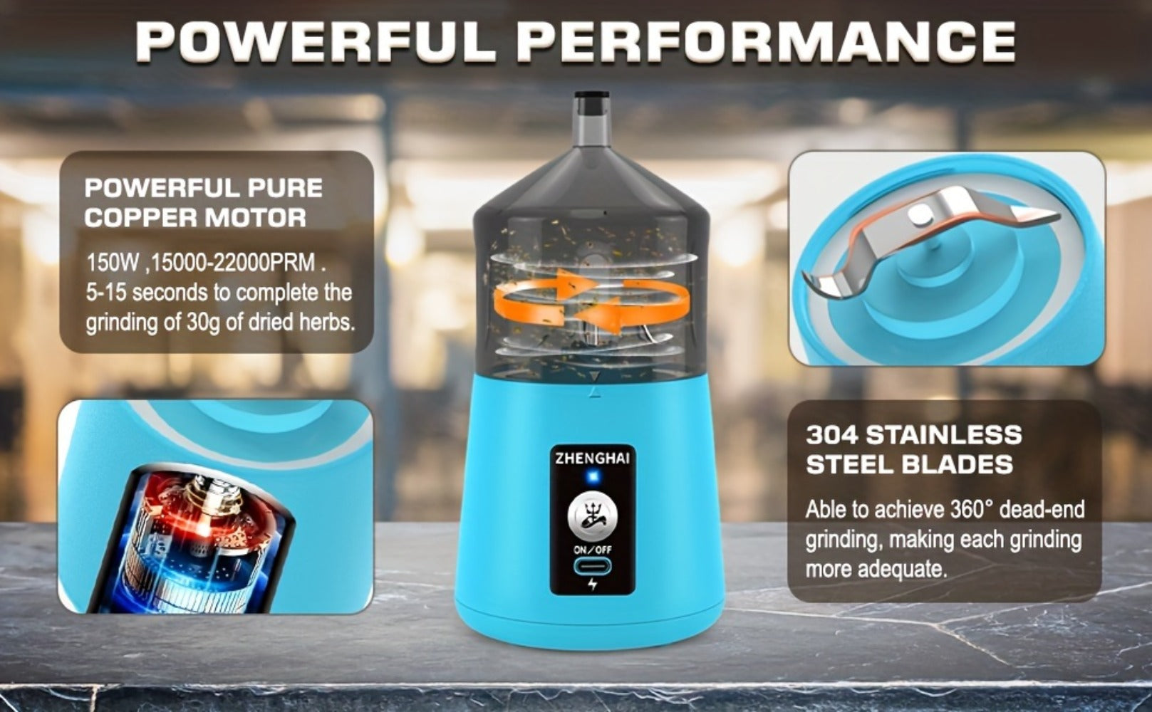 Electric Herb Grinder 150W USB-C Rechargeable - Dual Mode Pulse & Auto, Fast Grinding Dry Spices & Herbs, Compact Portable with Cleaning Brush | 6 Colors