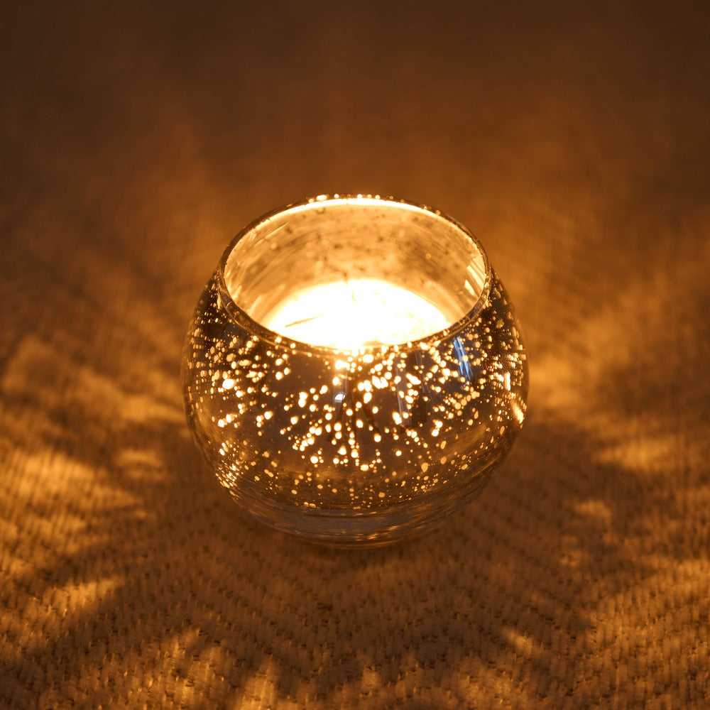 Votive Candle Holders Bulk - High Temperature Glass Hurricane Candle Holders for Weddings, Parties & Romantic Dinners, Starlight Shimmer Effect, Set of 6/12/24, Golden, Pink, Silver & Green