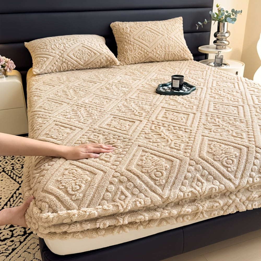 Embossed Fitted Bed Sheet Super Soft Jacquard Mattress Cover Deep Pocket All Season Twin Full Queen King Washable Bedding White Gray Khaki Blue Green