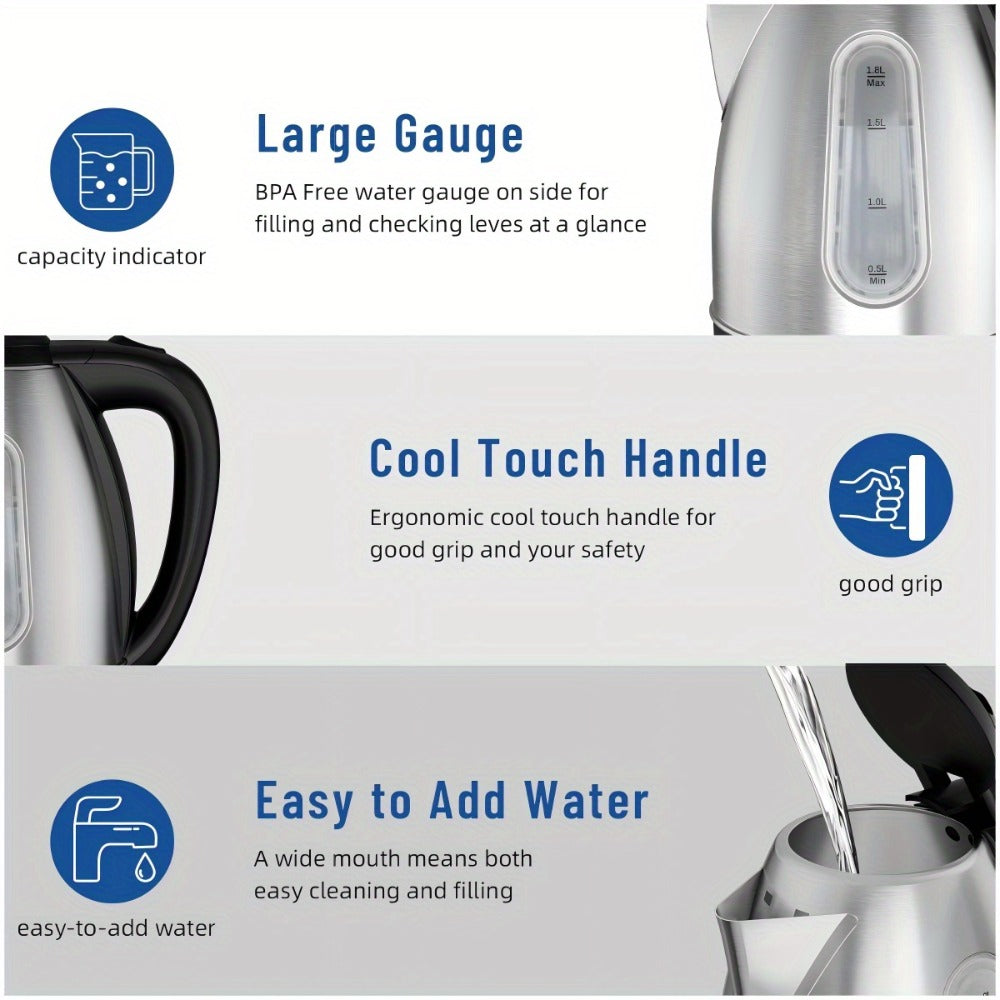 Electric Kettle Stainless Steel 1200W Fast Boil with Water Window - 60.87oz BPA-Free Auto Shut-Off Electric Tea Kettle for Tea Coffee Hot Water, Quiet Boil Cordless Kitchen Kettle Gift