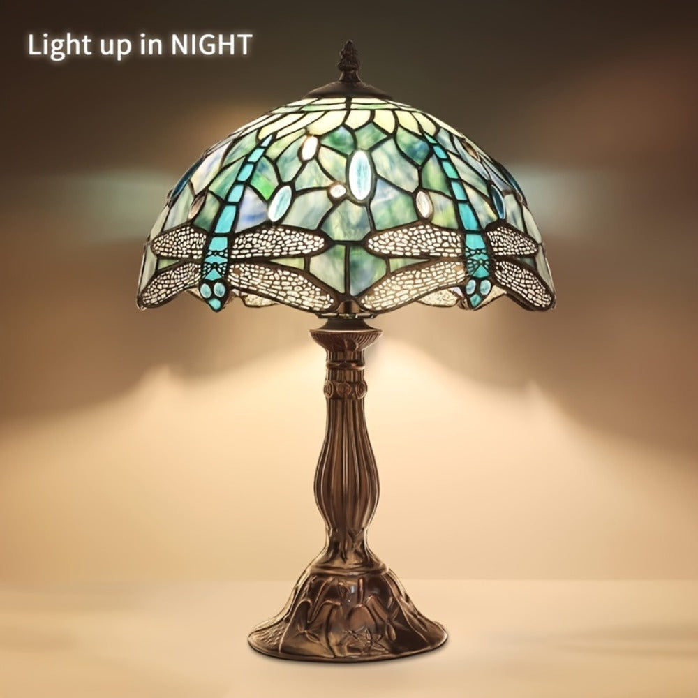 Stained Glass Table Lamp Dragonfly Design - Tiffany Style Bedside Lamp with Colorful Art Glass Shade, 18-Inch LED Night Light for Bedroom Nightstand Living Room Reading Desk Home Decor