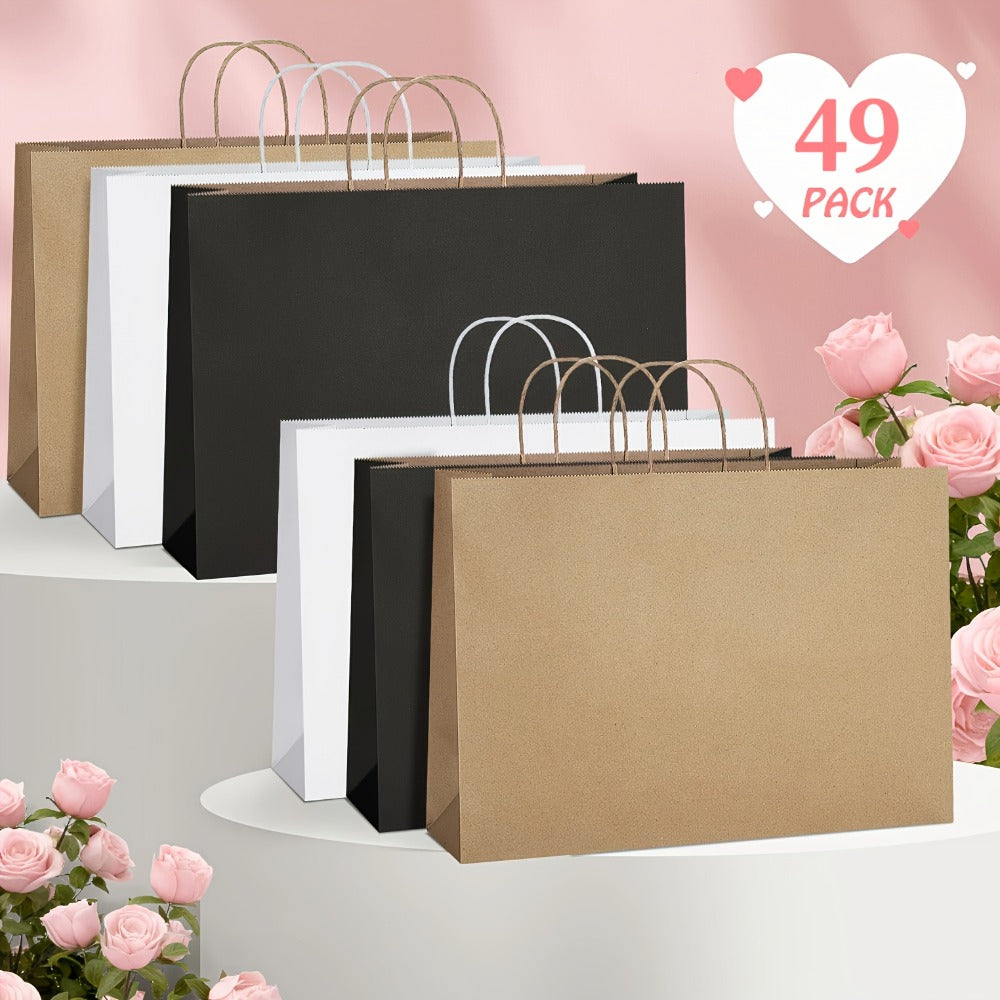 Shopping Bags with Handles 49pcs | 16x6x12 Inch Large Retail Gift Bags Bulk | Clothing Boutique Bags for Birthday, Wedding, Mother's Day, Teacher's Day, Anniversary, Craft Exhibition | White, Brown, Black