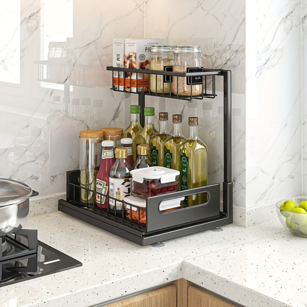 Under Sink Organizer Pull Out 2 Tier Slide Out Cabinet Shelf ¨C Kitchen Bathroom Storage Rack Utility Organizer 1 or 2 Pack