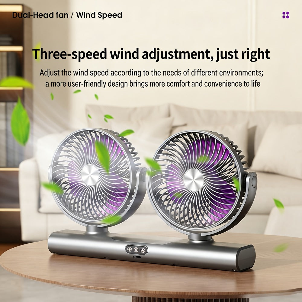 Double Head Air Circulation Fan USB Rechargeable | Desktop & Wall-Mounted 3-Speed Dual-Head Fan with Atmosphere Night Light, Multi-Angle Airflow for Camping, Home & Office ¨C Grey & White