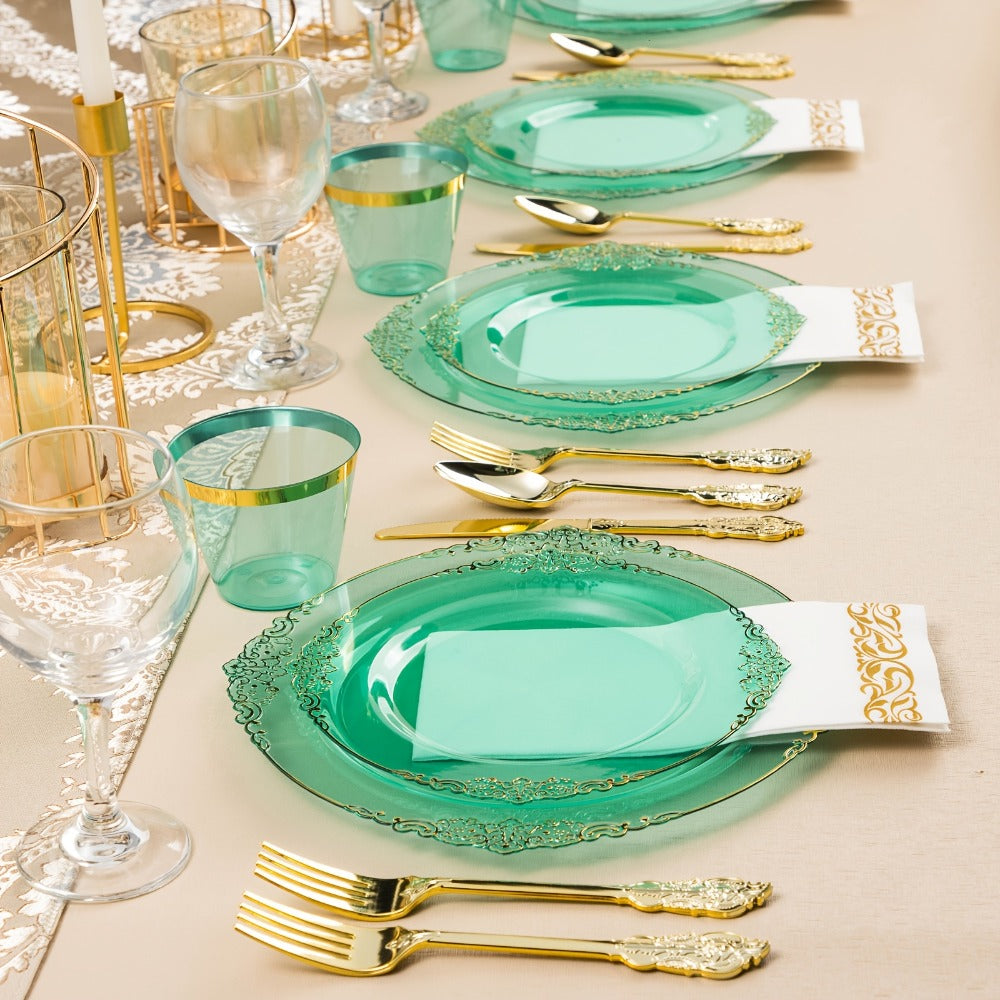 Disposable Party Plates Set 175 Pieces for 25 Guests Clear Plastic Plates with Gold Trim, Includes Dinner Plates Dessert Plates Cups Napkins Gold Silverware for Wedding Birthday Party Christmas