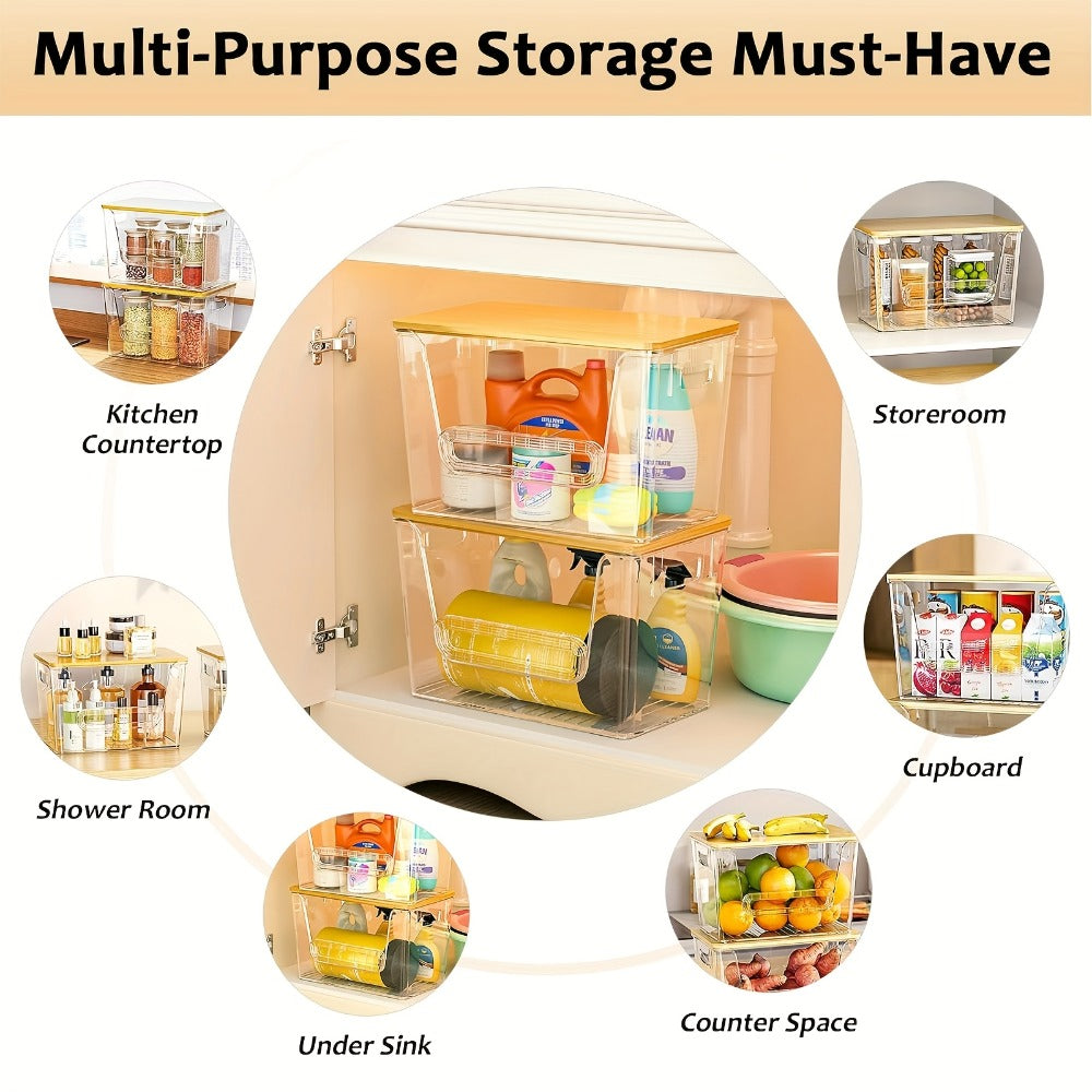 Clear Stackable Kitchen Pantry Organizer 2 Pack with Bamboo Top Durable PET Storage Bins for Onions Potatoes Fruits Vegetables Space Saving Ventilated Produce Organizer