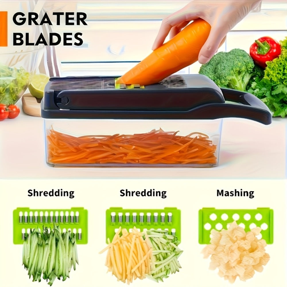 14-in-1 Vegetable Chopper & Food Dicer | Stainless Steel Blades, Large Capacity Collector, Egg Separator, Easy Clean ¨C Manual Kitchen Slicer Grater