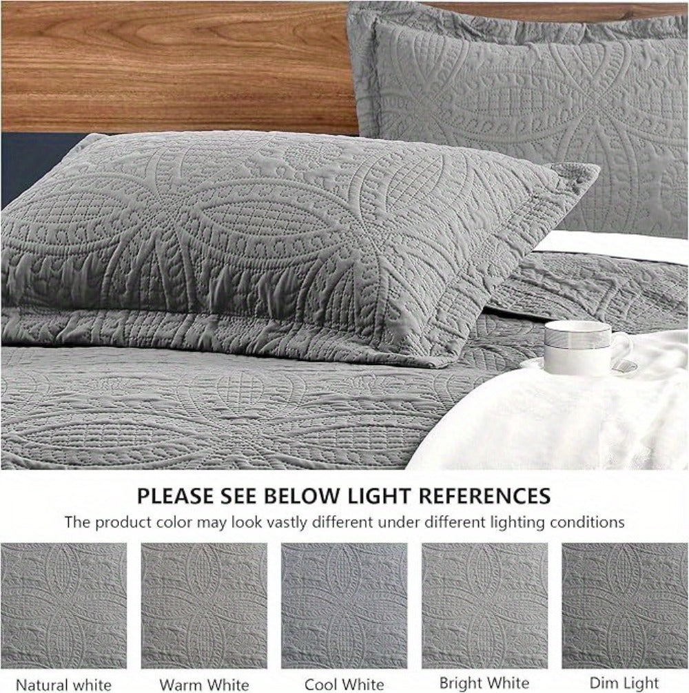 Quilt Set 3 Piece Lightweight Microfiber Bedspread with Pillow Shams - Coin Pattern Coverlet All Season Soft Bed Quilt Full Queen King Orange White Grey Green Khaki