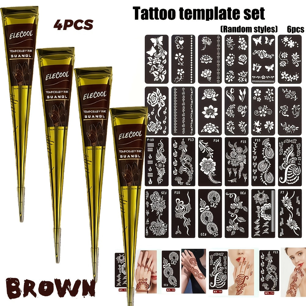 Temporary Semi-Permanent Tattoo Paste Kit - Waterproof Body Art Gel in Brown & Black with Tattoo Templates, Safe Non-Irritating Henna-Style Ink for Parties, Festivals, Cosplay & Daily Decoration