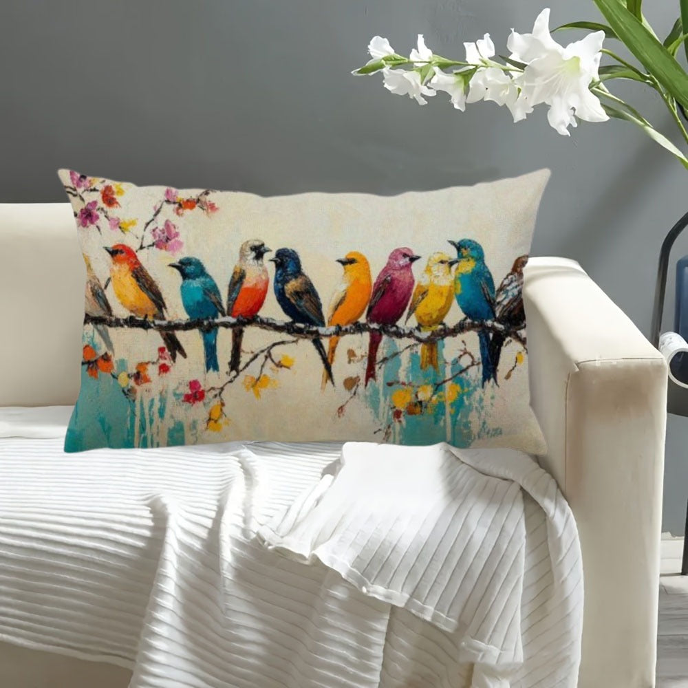 Lumbar Pillow Covers 12x20 Inch Watercolor Bird Pattern - Decorative Linen Throw Pillow Cases Cute Nature Print Zipper Closure | 1pc or 2pcs | Bedroom Living Room Sofa Couch Cushion Cover Home Decor