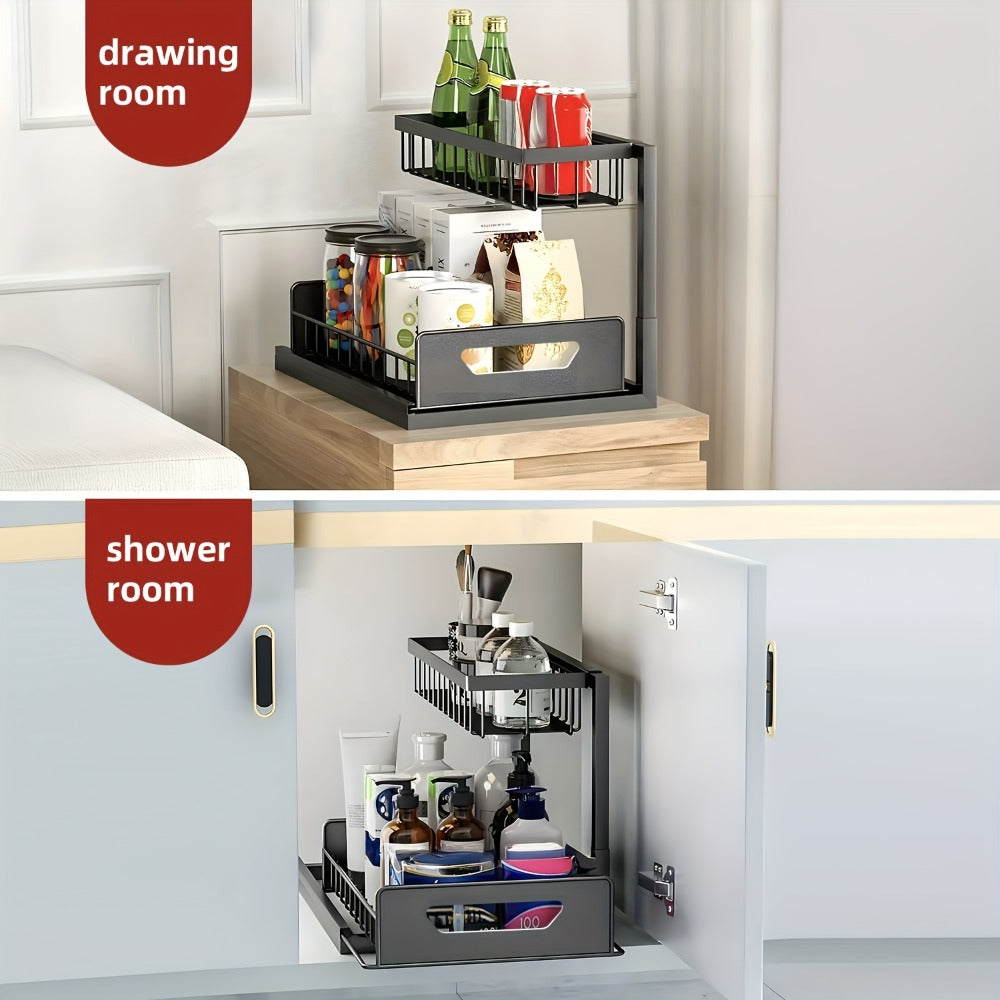 2-Tier Pull-Out Cabinet Organizer Metal Sliding Drawer, Kitchen Sink Storage Container for Bathroom Tabletop Study, Push-Pull Stackable Organizer for Kitchen Bathroom Cabinet