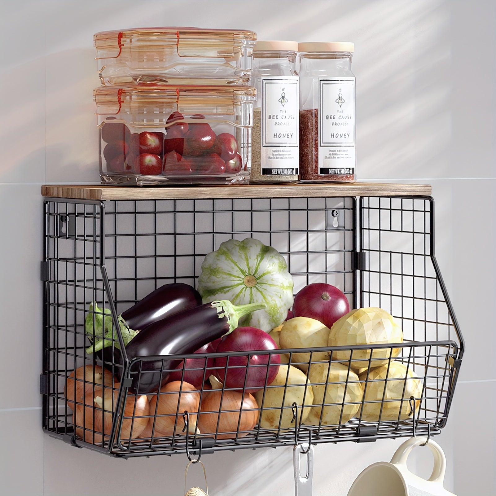 Stackable Metal Wire Fruit Basket with Lid ¨C 1 or 2-Tier Hanging Kitchen Pantry Storage Bin, Wall-Mounted or Countertop Vegetable Organizer for Potato, Onion & Produce, Black