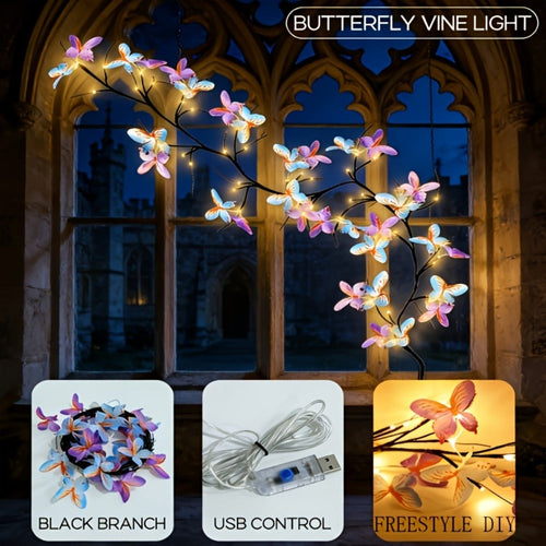Butterfly Branch String Lights ¨C 30 LED Vine Fairy Lights with Artificial Purple-Blue Butterflies, 8 Lighting Modes, USB Powered Warm White, Boho Wall Decor for Bedroom Wedding Birthday Party Festival