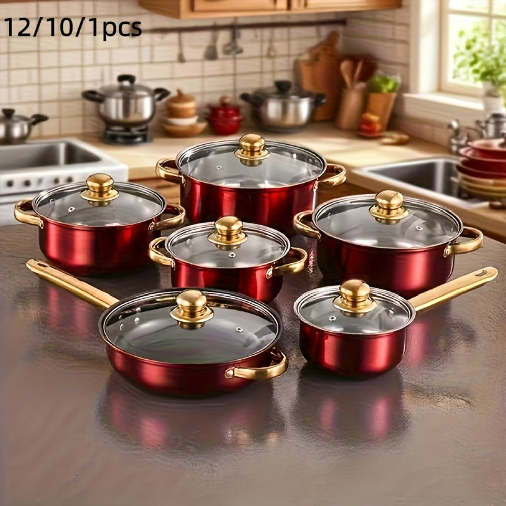 Stainless Steel Deep Pot Cookware Set 10 & 12 Piece with Lids & Dual Handles ¨C Oven Safe Soup Hot Pot Pasta Seafood Stew Pots | Silver Pink Gold | Home Restaurant Cooking Gift Set