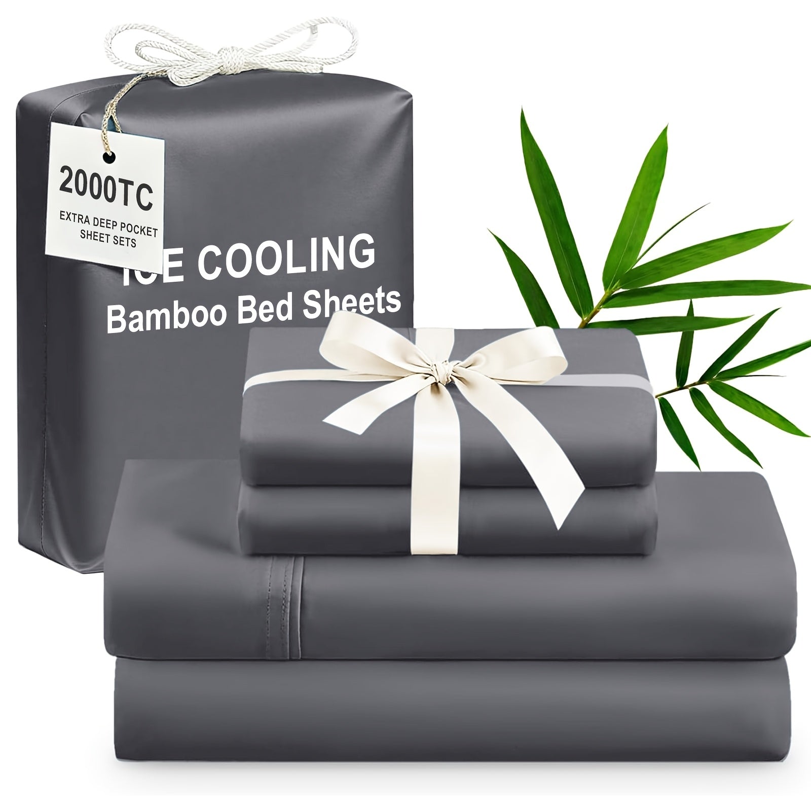 Bamboo Cooling Bed Sheet Set 4pcs Extra Deep Pocket Breathable Fitted Sheet Flat Sheet Pillowcases for Hot Sleepers Twin Full Queen King
