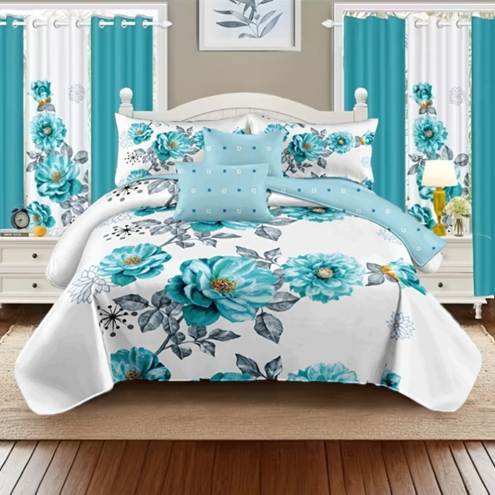 Teal Floral Comforter Set Twin Queen King Gradient Oil Painting Style Botanical Luxury Quilt Bedding Soft Microfiber All Season Bed in a Bag Gift