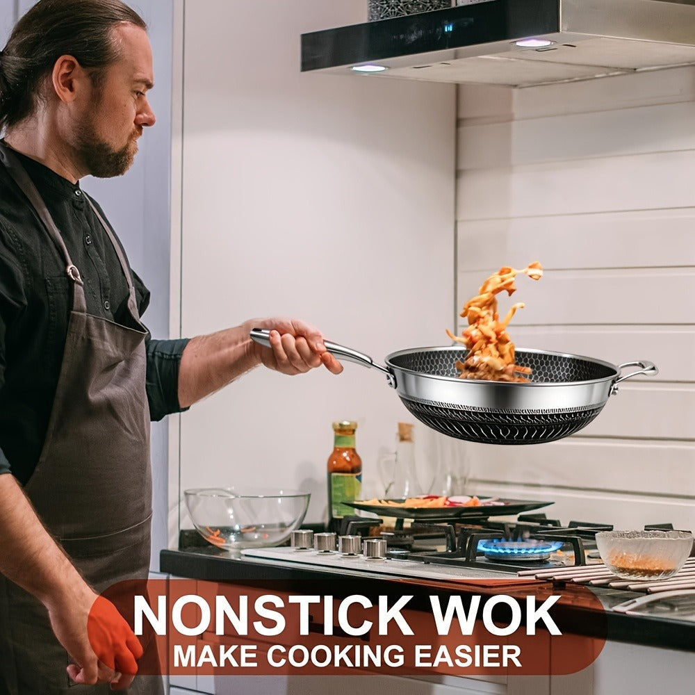 Stainless Steel Wok Set 13.3 Inch Non-stick Honeycomb Design with Lid & 2 Cookware Accessories ¨C Induction Compatible Cooking Pan for Electric Ceramic Gas Stove, Dishwasher Safe