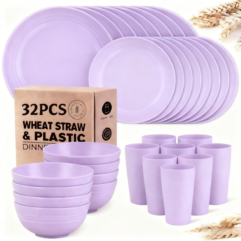 Wheat Straw Dinnerware Set 16 or 32 Piece ¨C Plates & Bowls for 4 or 8 People, Microwave & Dishwasher Safe Plastic Dish Set, Lightweight Colorful Tableware for Home, Party & Holiday