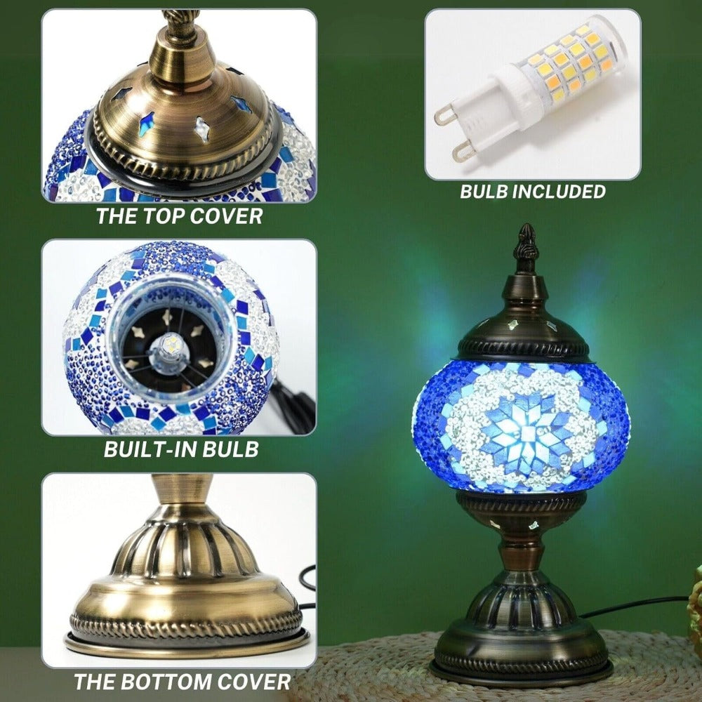 Turkish Moroccan Mosaic Table Lamp Handmade Crystal Glass Spherical Shade 3-Color Adjustable Bedside Night Light Metal Base Bulb Included for Bedroom Living Room Boho Home Decor Gift