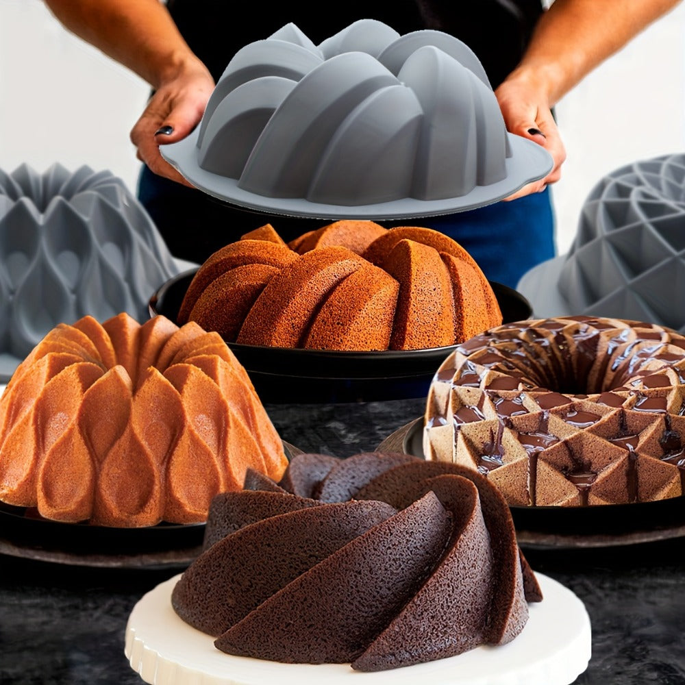 Silicone Bundt Cake Pan Set 9-Piece, Nonstick Fluted Hollow Cake Molds in Crown Nest Spiral Braided Shapes, Easy Release Silicone Baking Molds for Cakes Brownies Flan Meatloaf, Light Gray
