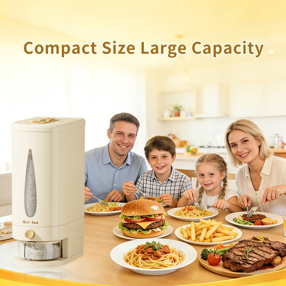 Rice Dispenser Storage Container Press Type Measuring Cup Moisture-Proof Sealed Grain Bin - Large Capacity Airtight Rice Storage Box for Rice Coffee Beans Flour Legumes Pet Food Kitchen Pantry Organizer