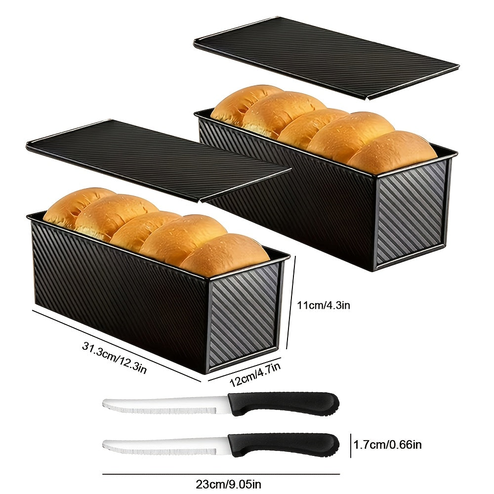 Pullman Loaf Pan with Lid, Extra Large 12.3x4.7x4.3 Inch Sandwich Bread Pan with Vent Holes, Nonstick Carbon Steel Toast Pan with Bread Knife, Square Loaf Pan for Sandwich Bread, Black or Gold