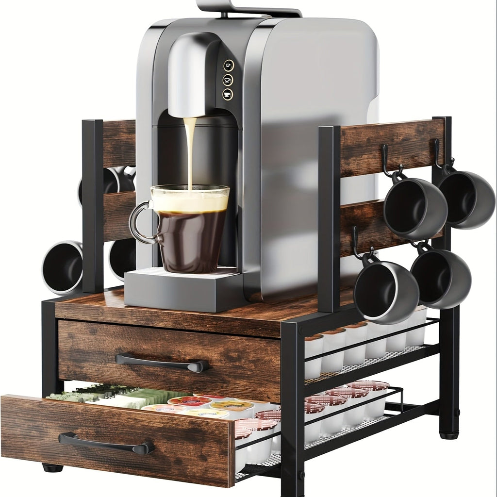 Coffee Pod Holder and Mug Rack - K Cup Capsule Organizer 70 Capacity Single Double Layer Coffee Machine Stand Countertop Storage | Rustic Brown | Kitchen Coffee Bar Organizer Gift