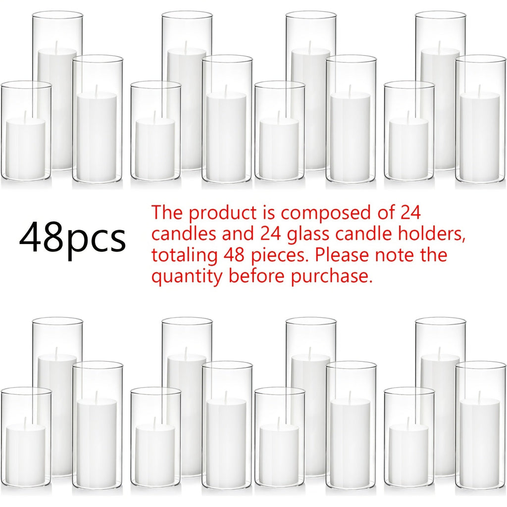 Pillar Candles with Clear Glass Hurricane Holders ¨C Unscented White Cylinder Candles & Vases for Wedding Centerpieces, Party Tables, Home & Office Decor, Bulk Set 24 or 48 Pieces