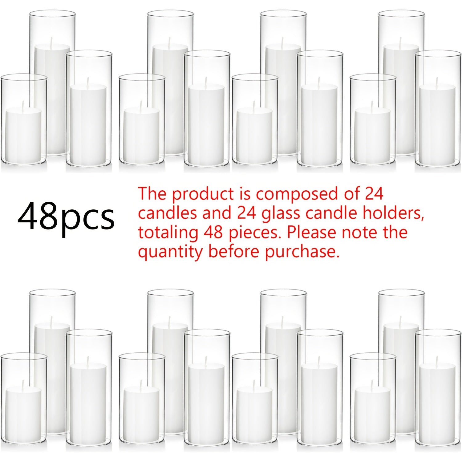 Pillar Candles with Clear Glass Hurricane Holders ¨C Unscented White Cylinder Candles & Vases for Wedding Centerpieces, Party Tables, Home & Office Decor, Bulk Set 24 or 48 Pieces