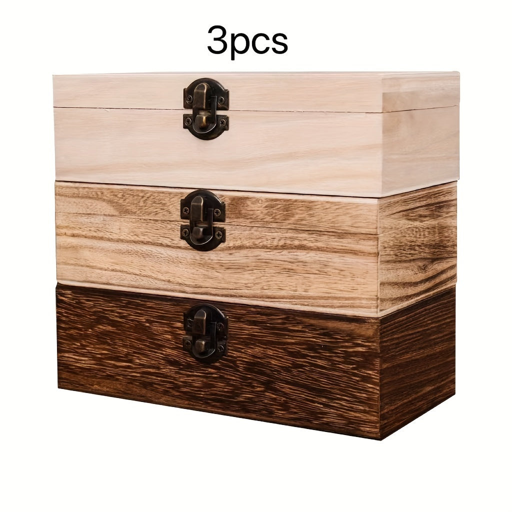 Jewelry Box with Lid & Lock Clasp Set of 3 ¨C Vintage Wooden Storage Boxes for Jewelry, Daily Essentials & Gift Packaging, Versatile Home Organizer in 3 Colors
