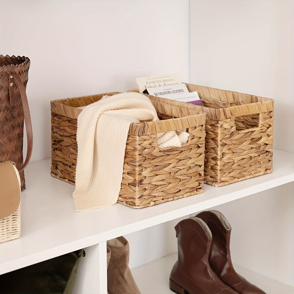 Wicker Storage Basket with Built-in Handle, Natural Rattan Boho Stackable Shelf Organizer Bin for Bathroom Bedroom Living Room Kitchen Closet Home Decor