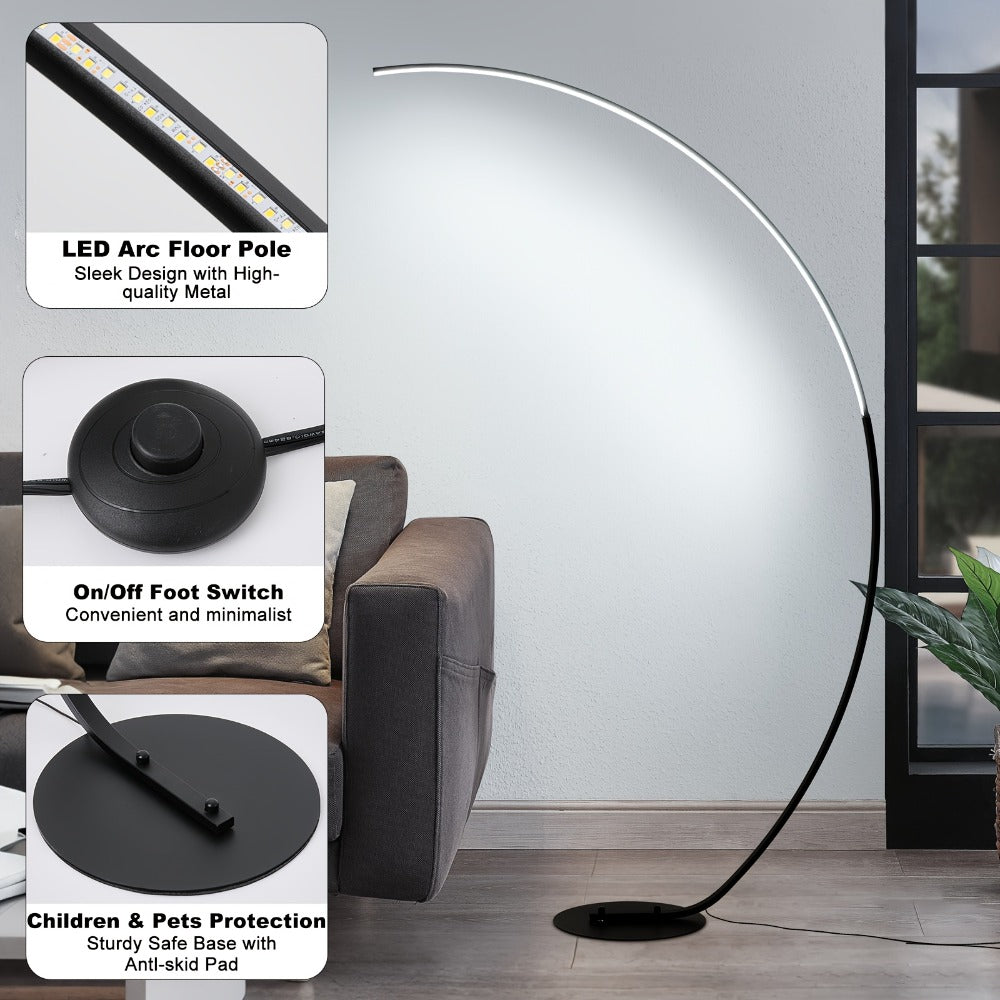 Arched Floor Lamp 65 Inch Modern LED Dimmable with Remote 3 Color Temperatures Curved Black Floor Lamp for Bedroom Living Room Ambient Lighting Home Decor