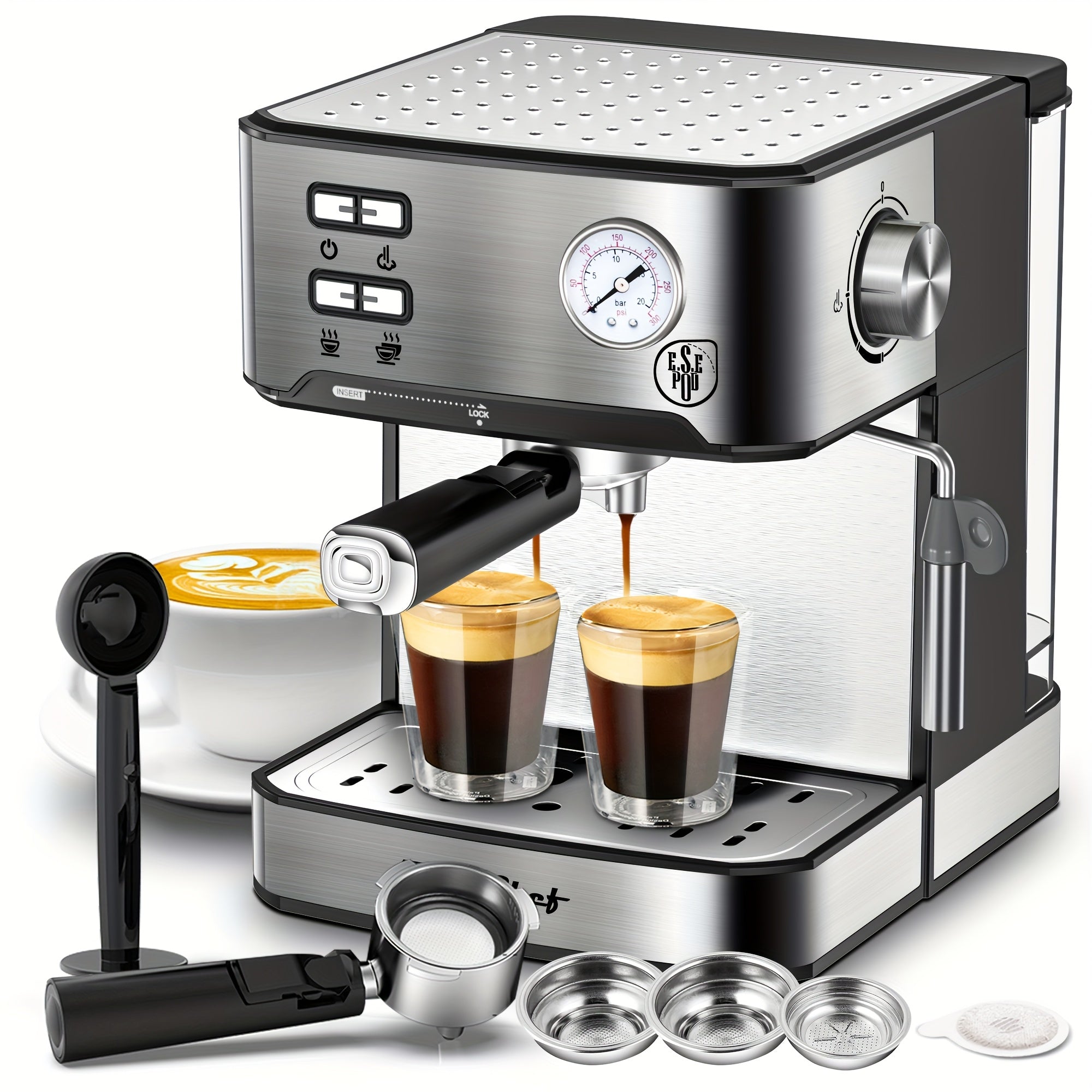 20 Bar Espresso Machine 950W ¨C Stainless Steel Espresso & Cappuccino Latte Maker with Steam Wand Milk Frother, 49.03oz Water Tank, ESE Pod Filter, Home Barista Coffee Machine ¨C Black, Pressure Gauge