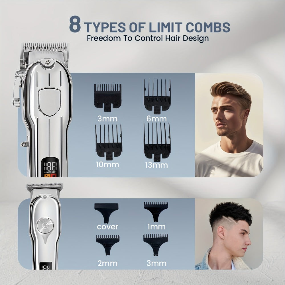 Professional Hair Clipper & Beard Trimmer Set - MENSURE Cordless 6000RPM Hair Cutting Kit with T-Blade Trimmer, 7 Guide Combs, LED Display & Type-C Fast Charging, Barber Kit for Men Home & Salon Use
