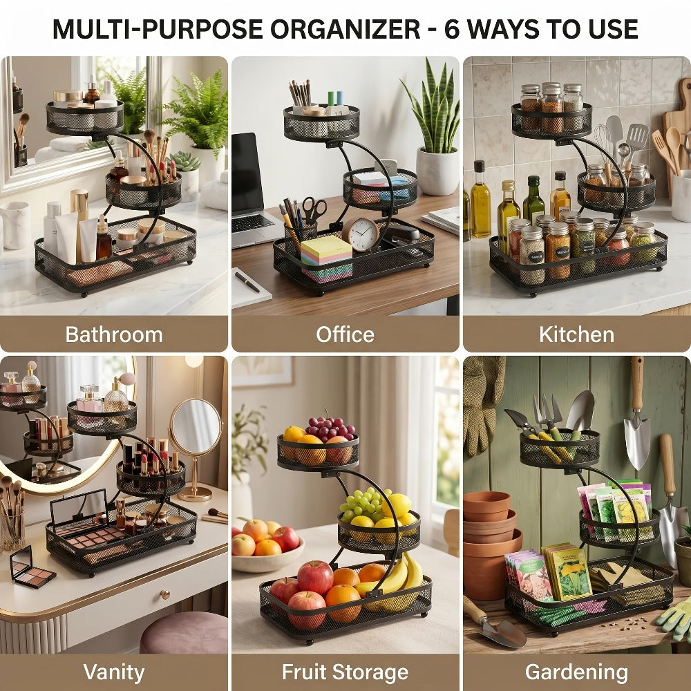 Bathroom Storage Rack 3-Tier Metal Countertop Organizer with Spray Bottle & Hooks ¨C Rust-Resistant Diamond Mesh Shelf for Vanity, Skincare, Cosmetics & Toiletries