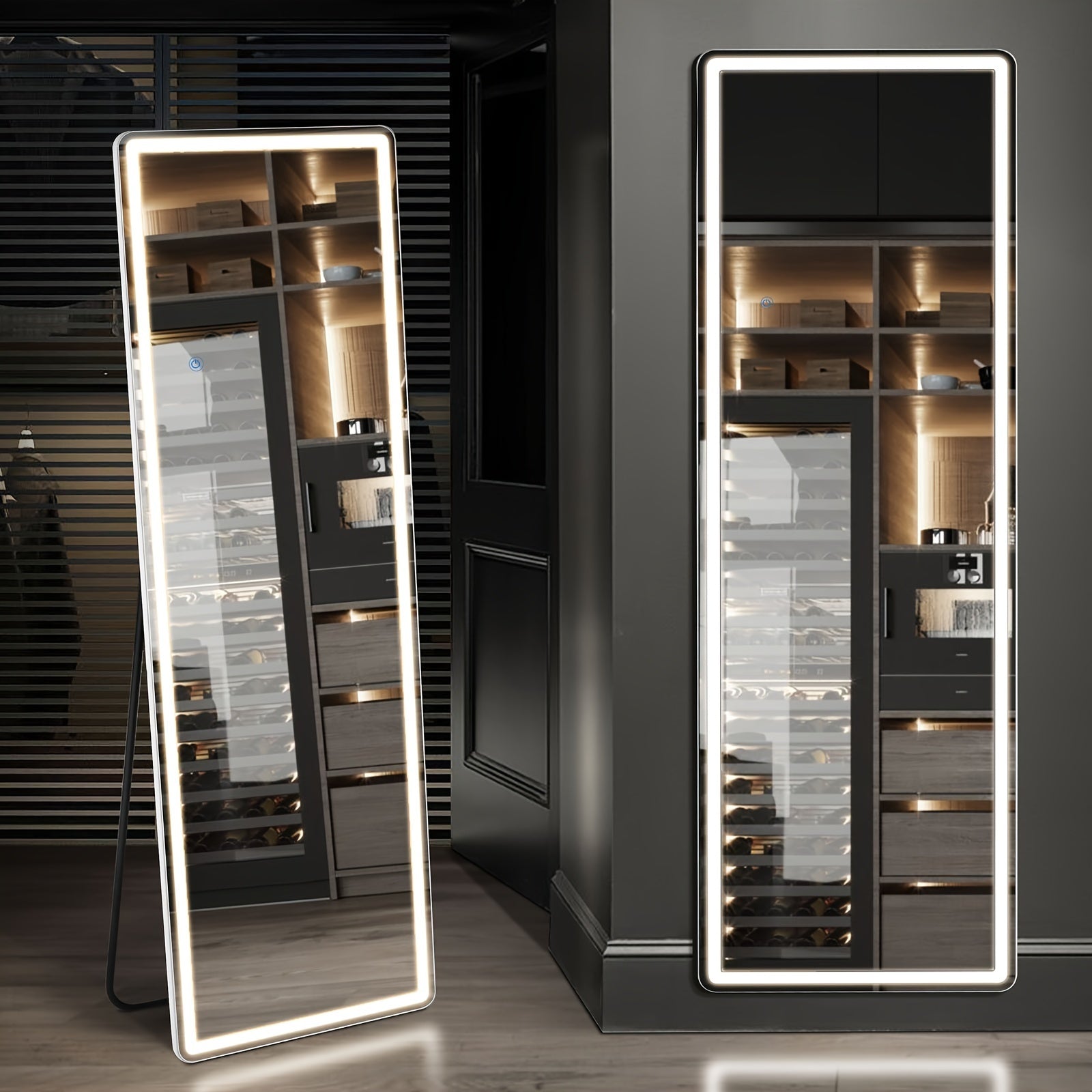 Full Length Mirror Floor Standing with LED Light - Arched & Rect Aluminum Frame Dressing Mirror for Bedroom Living Room, Black/Golden/White