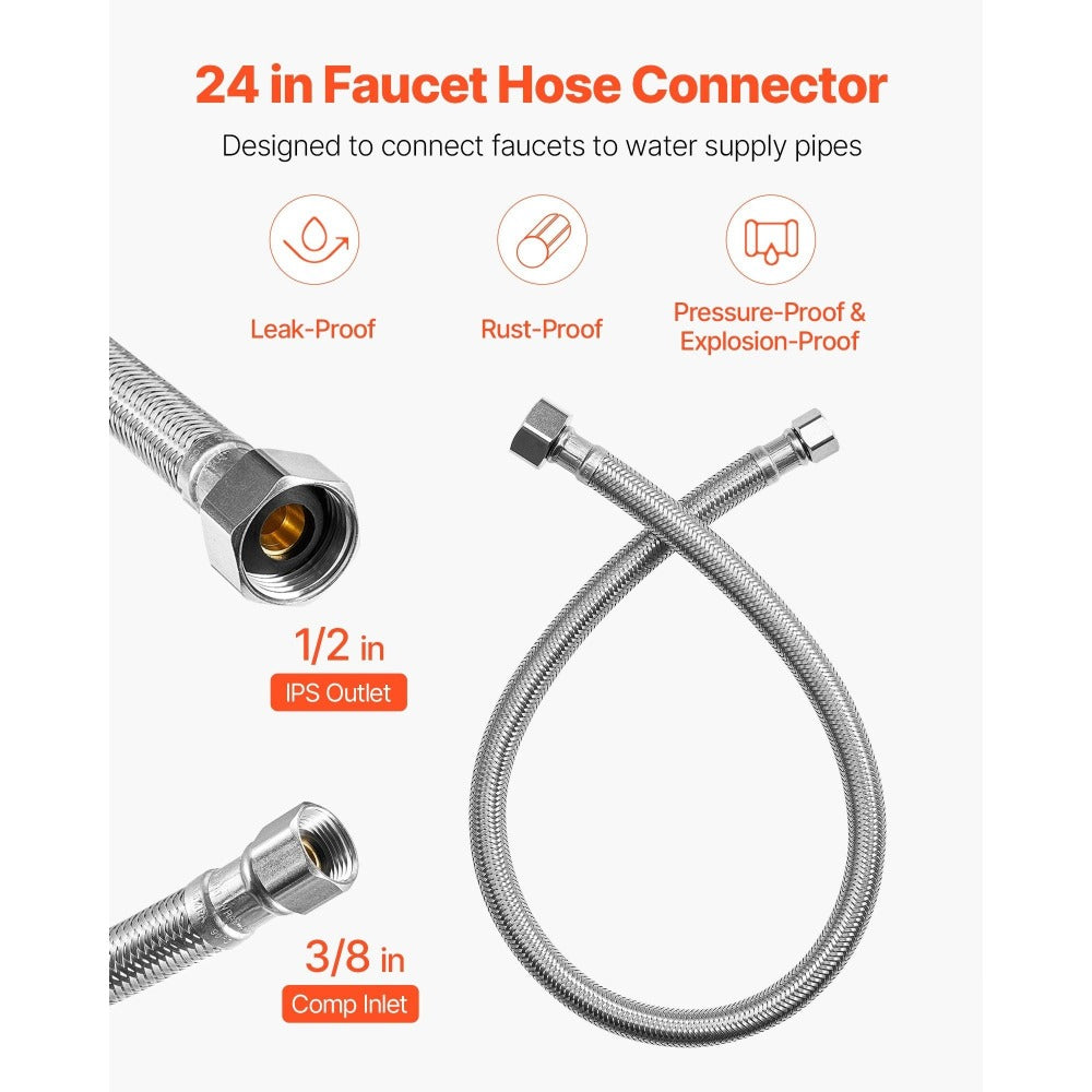 Braided Stainless Steel Faucet Supply Line - 304 SS Exterior, Lead-Free TPV Inner Tube, 3/8¡± Comp x 1/2¡± FIP, NSF & CUPC Certified, for Bathroom Kitchen Sink Faucet, 16in/10pcs or 24in/2pcs