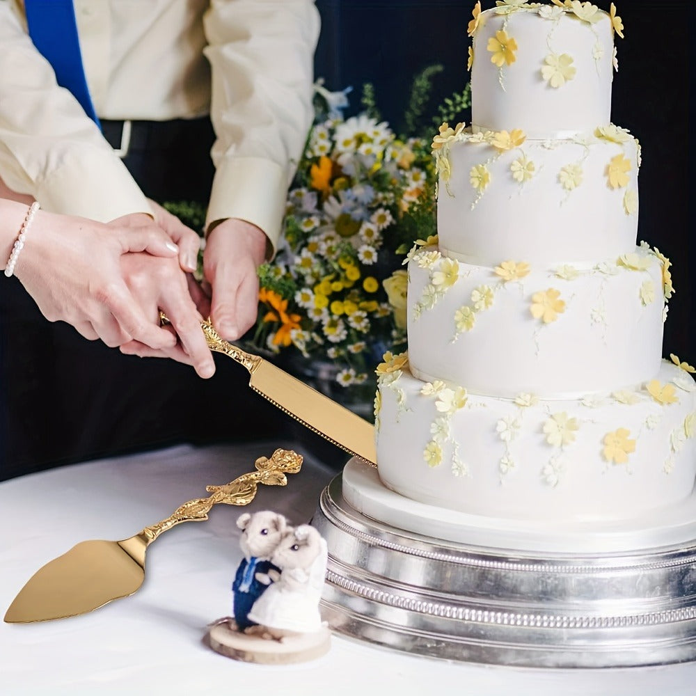 Cake Knife and Spatula Set with Rose Handle ¨C Silver-Plated Dessert Server Gift Box Set for Wedding, Birthday & Party
