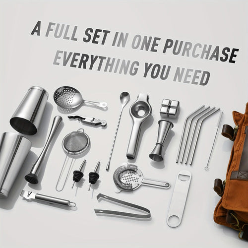 25 Piece Bartender Travel Set Cocktail Kit with Portable Bag | Stainless Steel Mobile Bar Set for Home, Parties & Camping