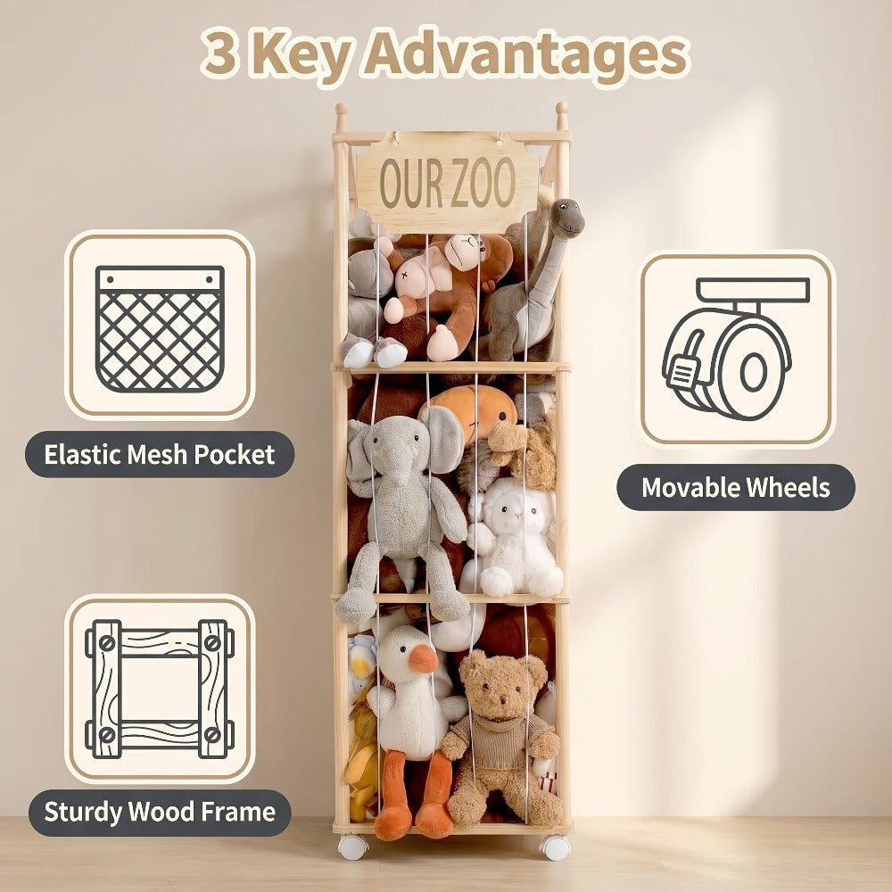 Stuffed Animal Storage Tower Wooden Zoo Cage Design Large Plush Toy Organizer Holder for Kids Playroom Bedroom No-Tool Assembly Boys Girls Gift