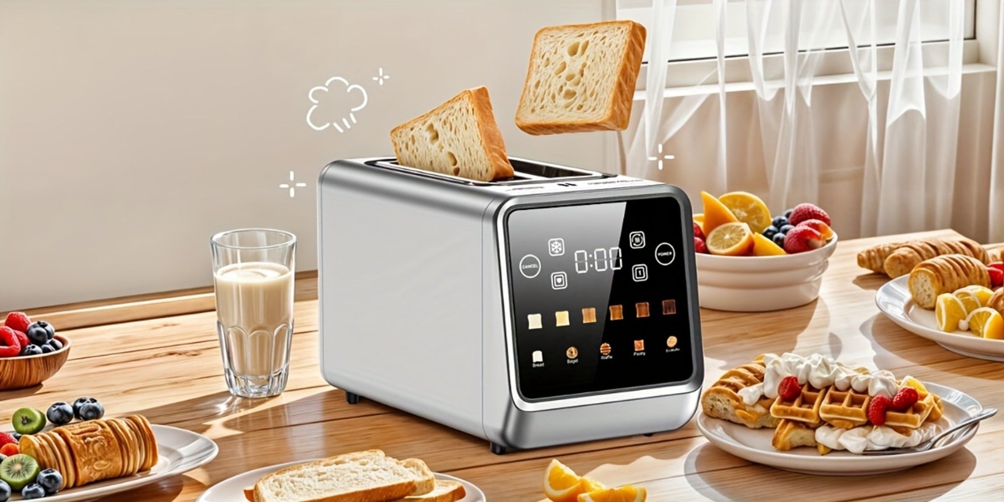 Smart Digital Toaster 2 Slice Touch Screen ¨C Stainless Steel with Memory Function, 5 Bread Types, 6 Shade Settings, 1.5-Inch Wide Slot, 900W Fast Toasting for Home Kitchen