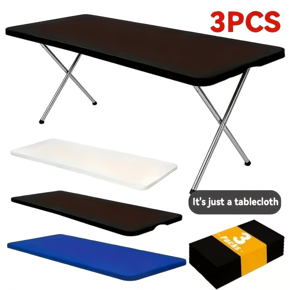 Stretch Table Covers 6Ft Washable Elastic Rectangle Tablecloth for Parties Weddings Picnics Camping, Spandex Polyester Blend, Fits Standard 6 Foot Tables, Set of 3 6 9 or 12, Black White Blue