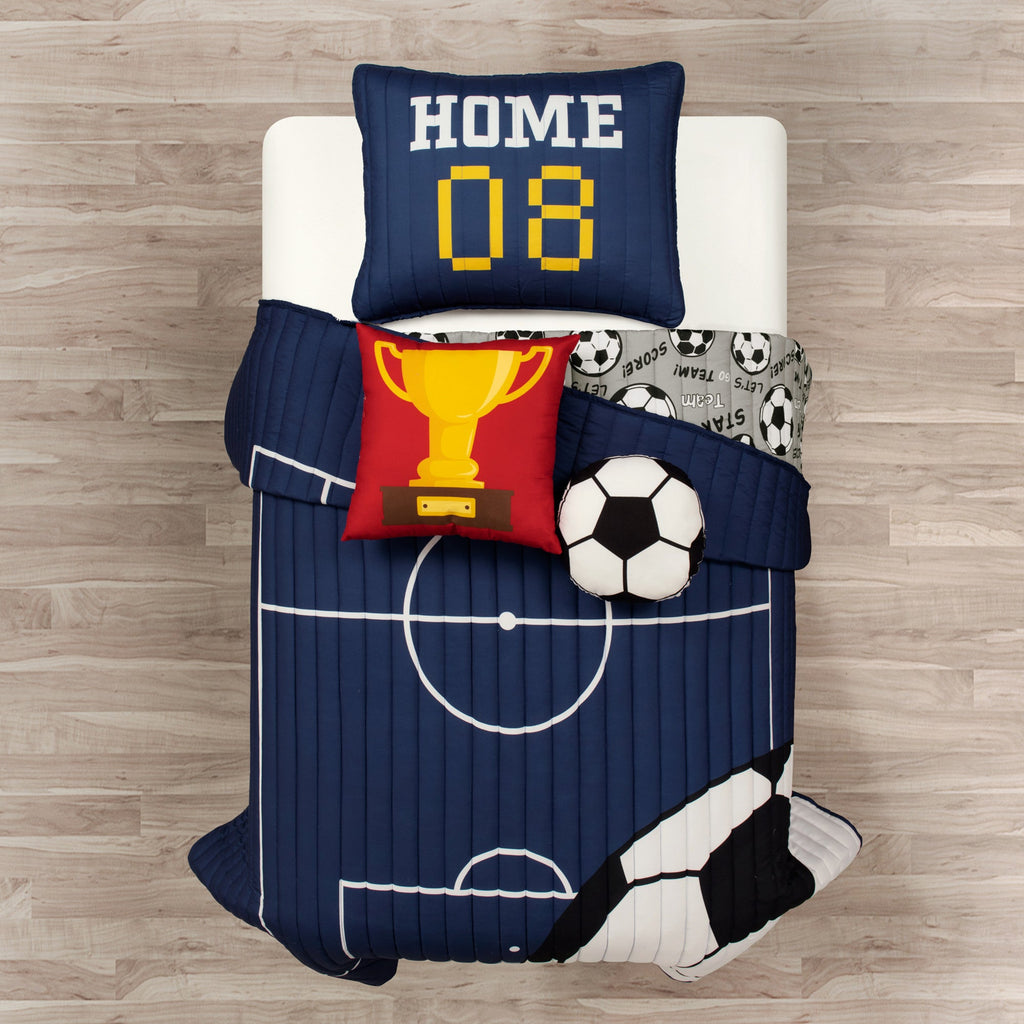 Kids Soccer Quilt Set 4 5 Piece Reversible Microfiber Bedspread Lightweight All Season Comforter with Pillow Shams Decorative Pillows Twin Full Queen