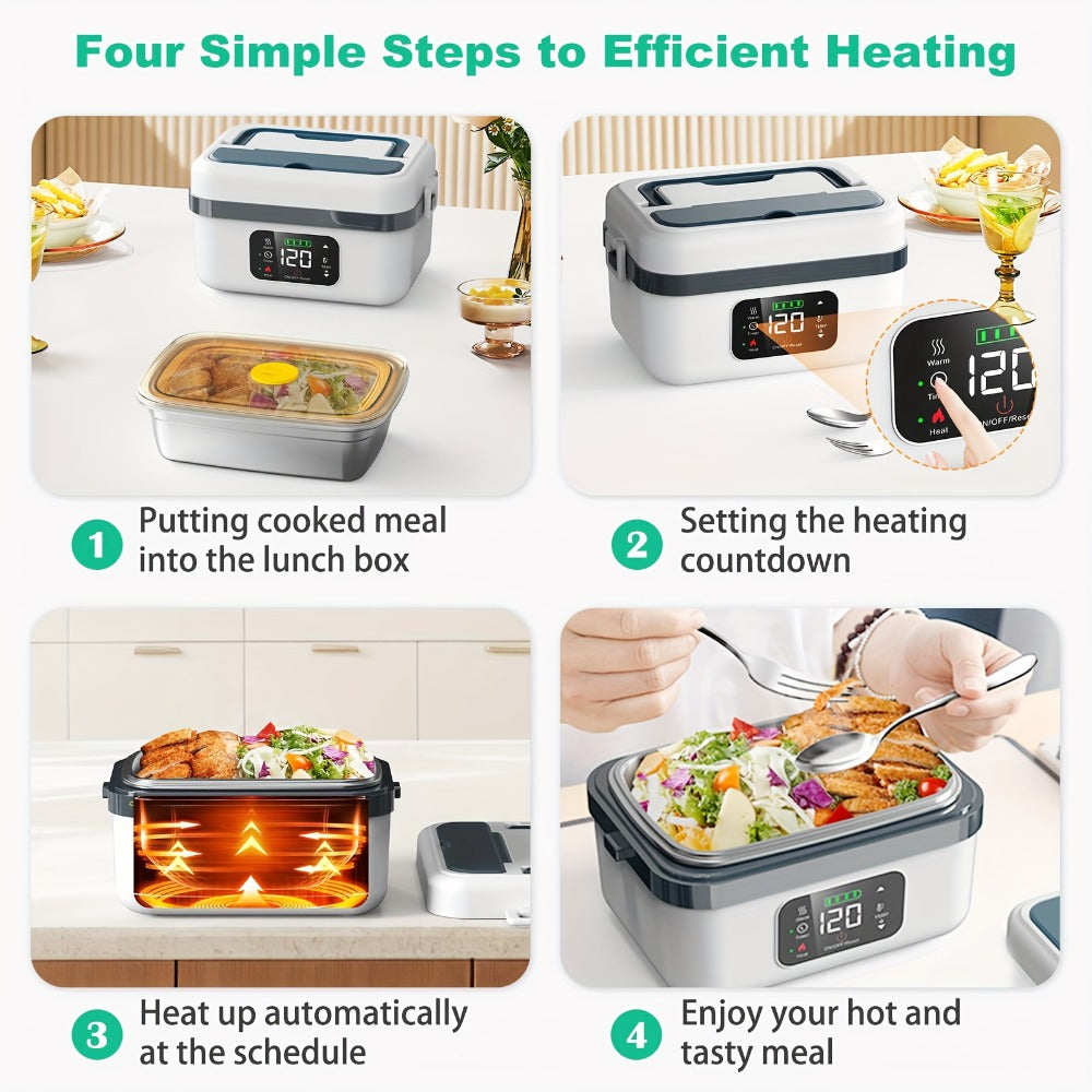 Self Heating Lunch Box Battery Powered 8000mAh - 60W Portable Electric Food Warmer with Smart Timer 1 Liter Stainless Steel Inner Container for Home Car Office and Truck, Leak Proof with Fork Spoon and Carry Bag, Gift for Men and Women